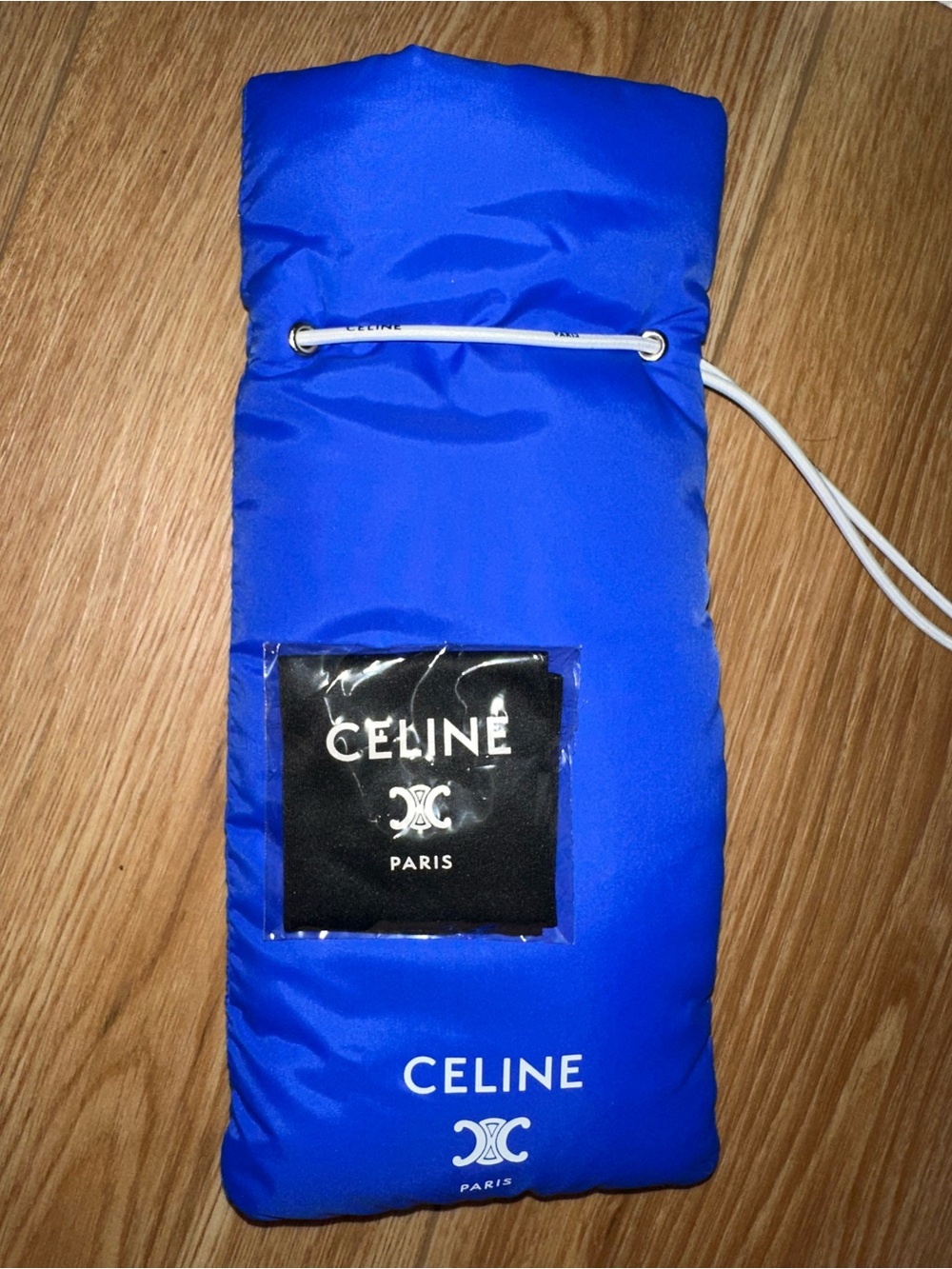 Celine Blue Padded Drawstring Pouch sunglasses case with wipe